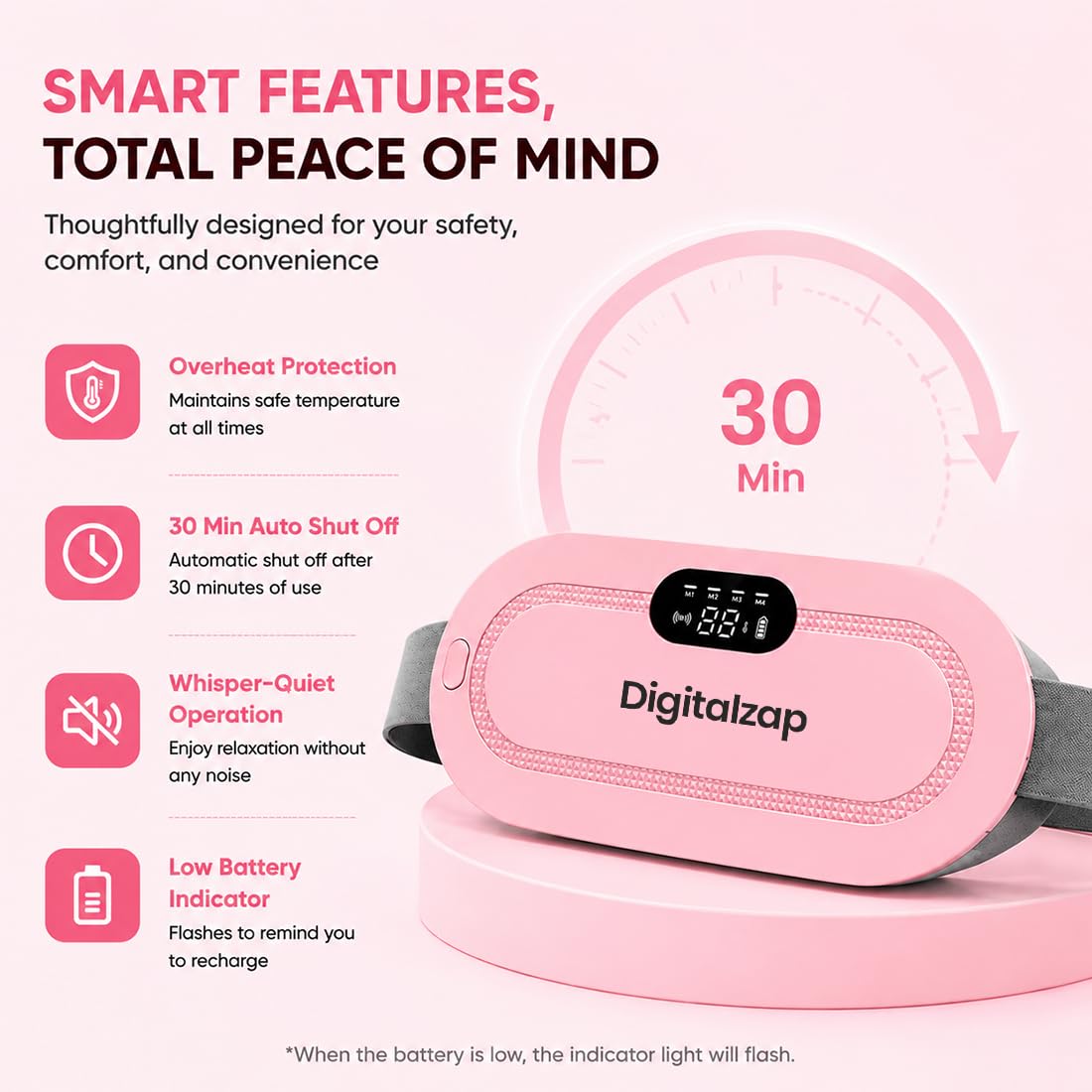 Smart Warm Heating & Massage Belt for Women | Menstrual Period Cramp Relief Heating Pad | Electric Abdominal Back Pain Support Waist Belt | Cordless Rechargeable 4 Modes 4 Heat Levels